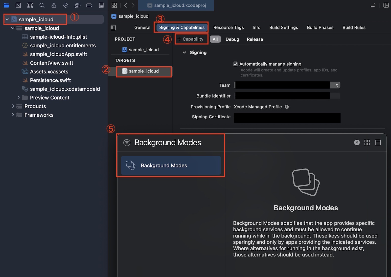 Signing & CapabilitiesにBackground Modesを追加する1