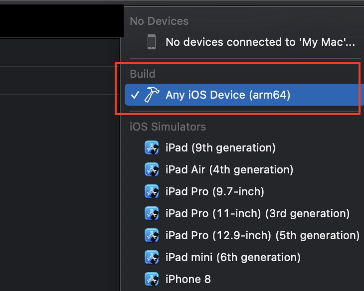 Any iOS Device(arm64)を選択する