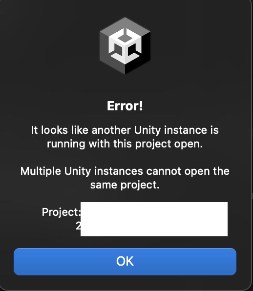 It looks like another Unity instance is running with this project open. Multiple Unity instances cannot open the same object.エラーの画像
