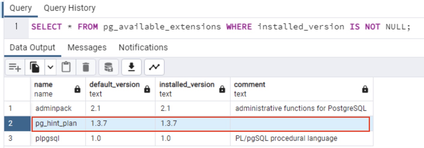 pg_hint_planがインストールされていることの確認