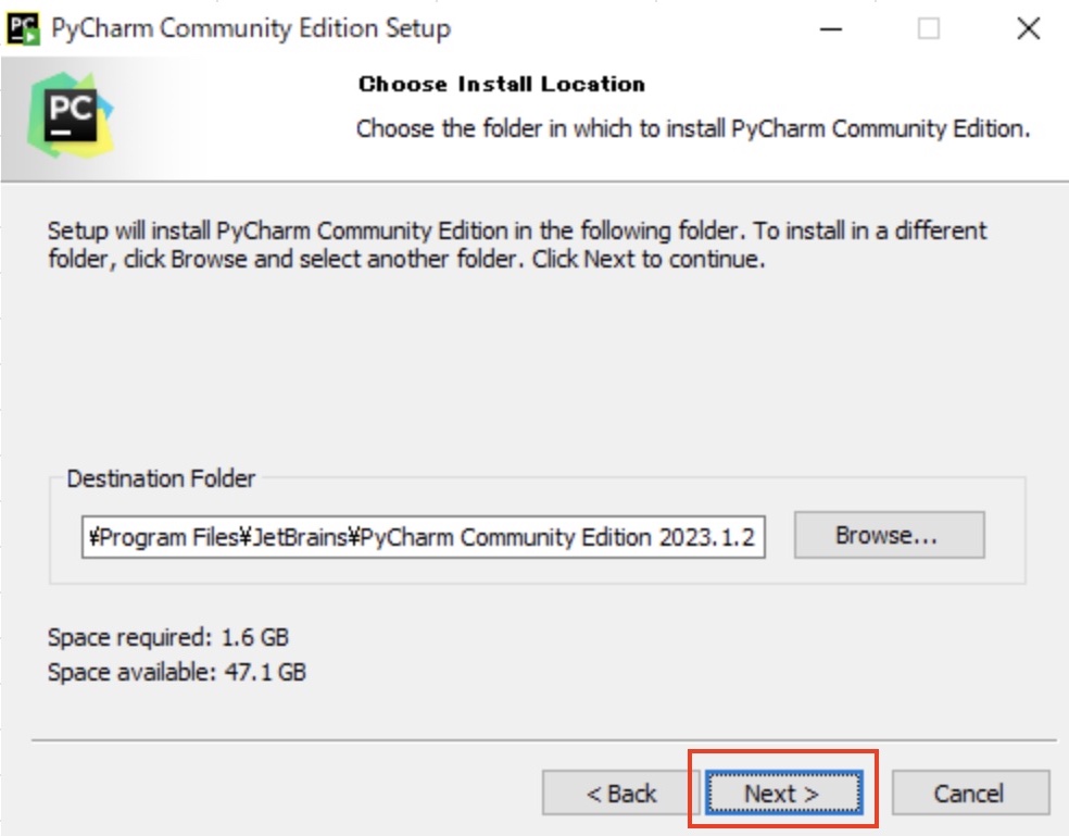 PyCharmのインストールフォルダの指定