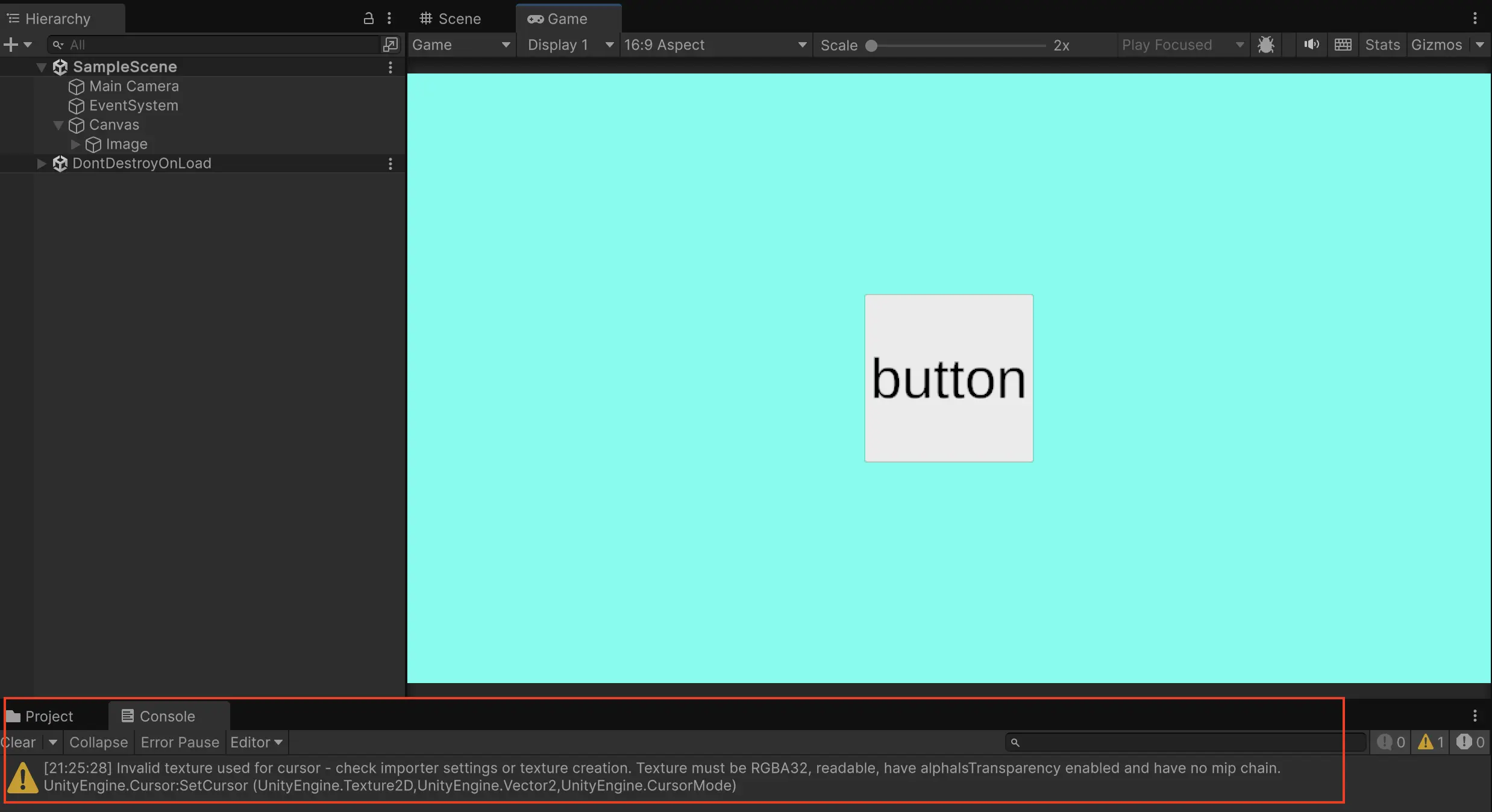 警告がコンソールに表示されているUnityの画像