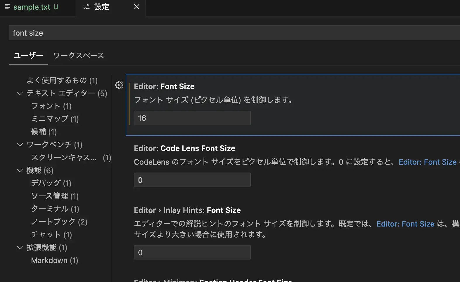 VSCodeの設定画面: フォントサイズ変更